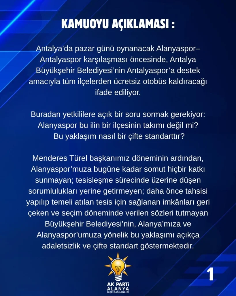 Alanyaspor Maçı Öncesi Otobüs Tartışması: AK Parti Alanya’dan “Çifte Standart” Tepkisi - Mega TV alanya 2 2 - Mega TV