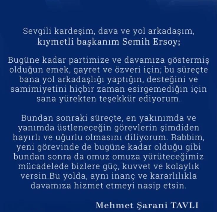 Mehmet Şarani Tavlı’dan Semih Ersoy’a teşekkür 